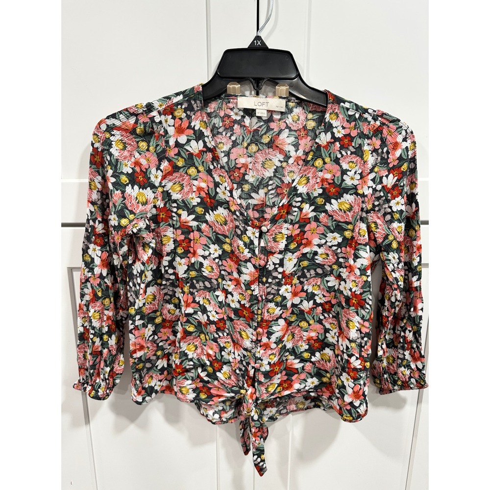 LOFT Petites Floral Tie‎ Front Blouse Top Button Down Long Sleeve SP